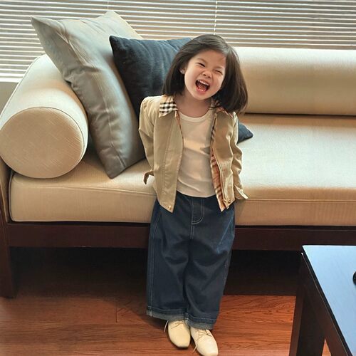 儿童格子拼接翻领夹克棉布风衣