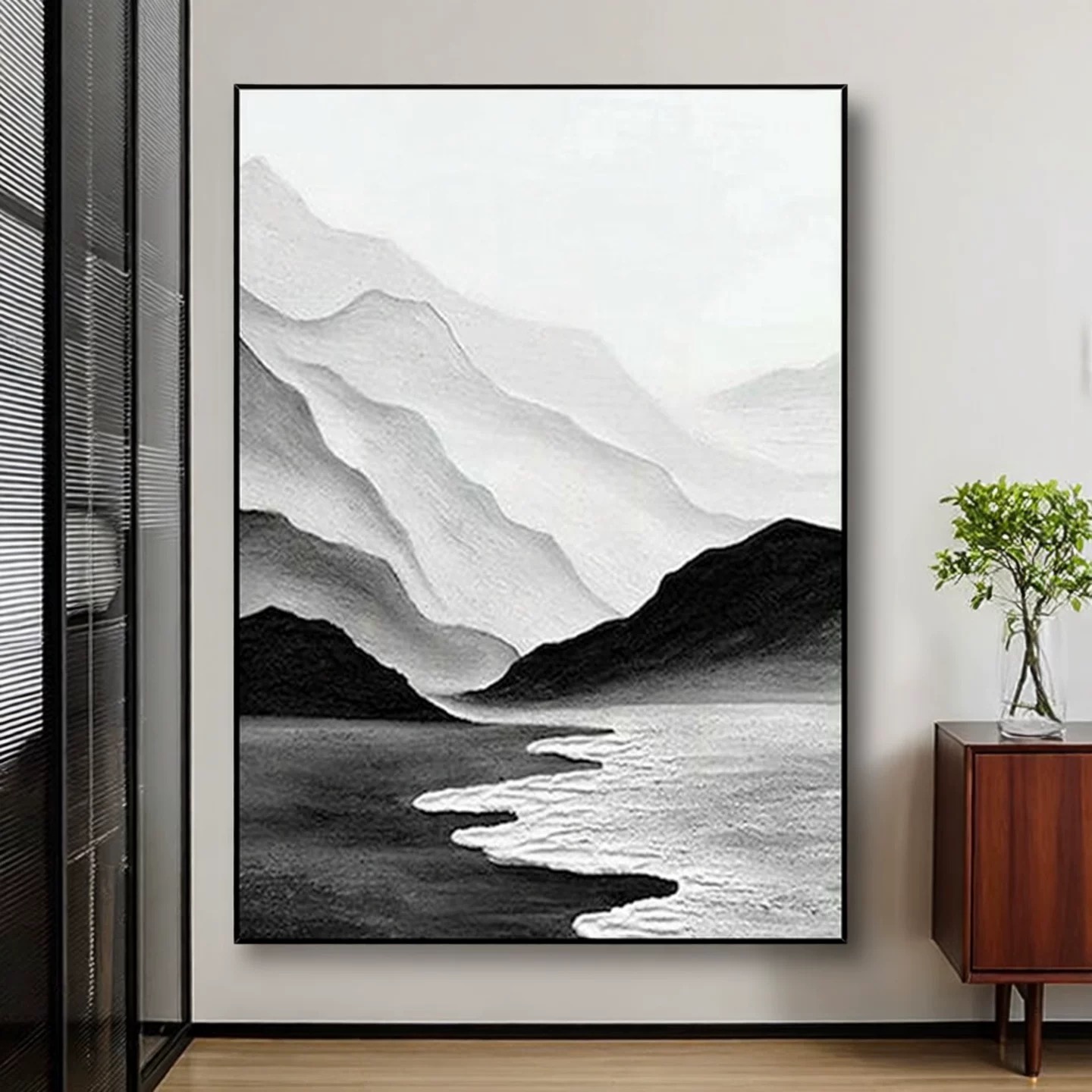 墨野集手绘油画黑白山体高级感山水画装饰画玄关挂画手工肌理画