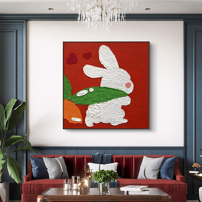 兔子抽象装饰画卡通动物客厅背景墙挂画卧室床头砂岩画厚肌理壁画图片