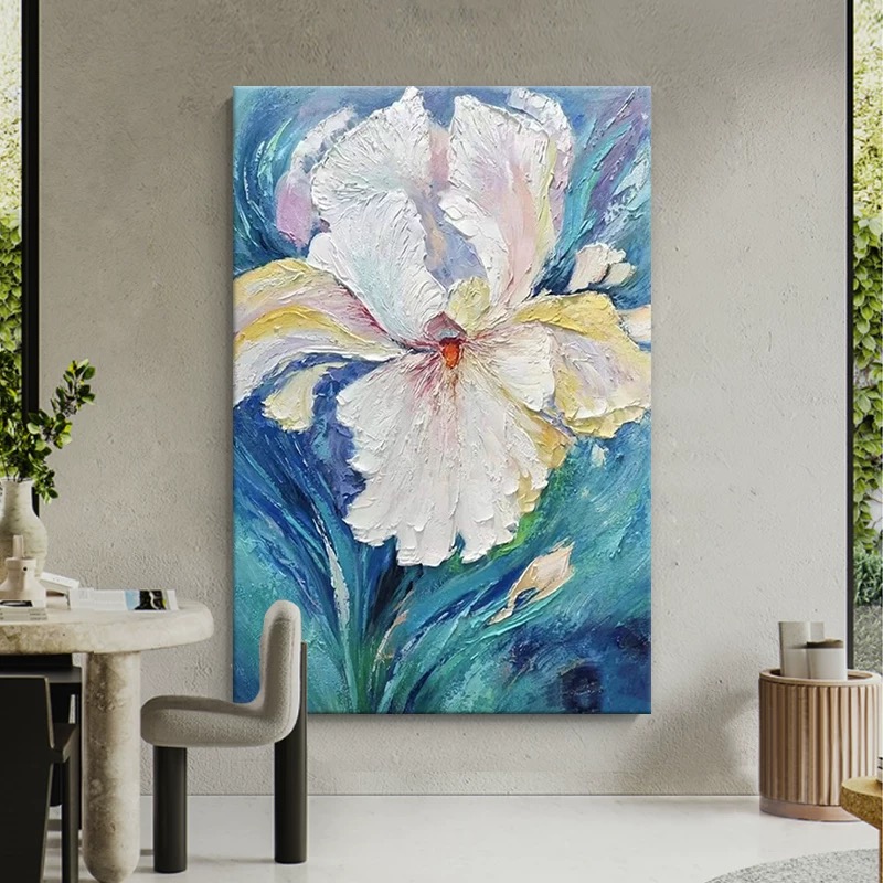 纯手绘油画玄关立体鸢尾花砂岩肌理画客厅抽象花卉装饰画卧室挂画图片