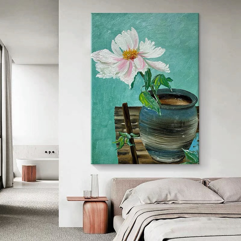 中古风客厅挂画玄关抽象白牡丹花手绘油画餐厅艺术丙烯肌理装饰画图片