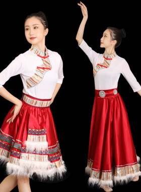 藏族舞蹈演出服装女水袖连体上衣藏族半身裙大摆裙藏族艺考练习裙