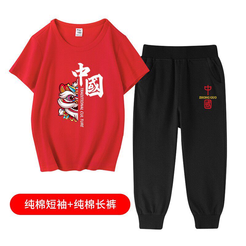 国庆儿童演出服中国红色男童短袖套装t恤纯棉长裤女童男大童2件套
