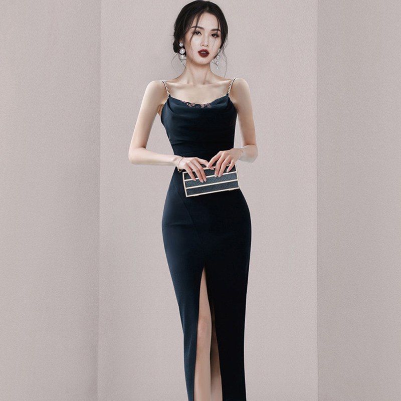 轻奢名媛晚礼服长裙子高级感拼接性感吊带抹胸高腰包臀开叉连衣裙