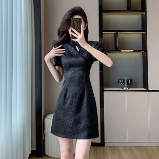 连衣裙中国风 少女小个子新中式 国潮改良年轻款 黑色旗袍2024年新款