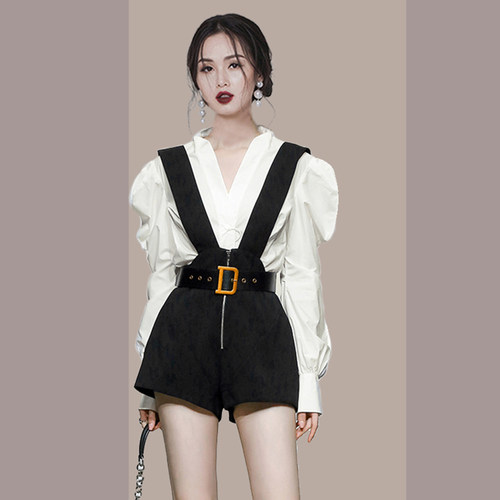 小个子黑色背带短裤辣妹套装