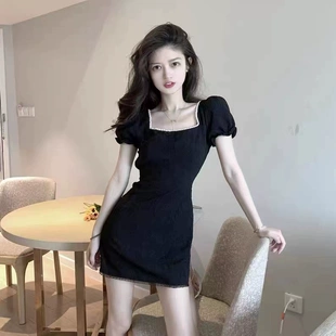 新款 甜美旗袍改良短裙子女装 收腰方领开叉连衣裙 桔梗法式 2022夏季