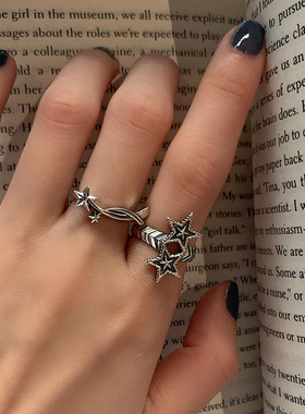 时尚简约双星戒指复古做旧感小众设计百搭个性韩式韩版轻奢指环