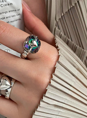 锯齿双层镂空女七彩锆石爱心戒指时尚个性潮人开口指环戒指/指环