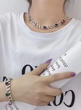 韩版小众镶嵌五色彩钻坦克链古巴链项链女ins时尚个性气质百搭款