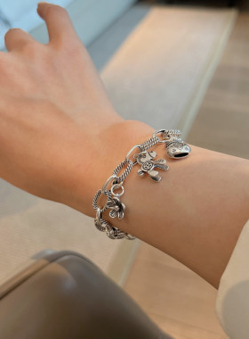 新款s925纯银小马钱袋吊坠复古拼接麻花手链百搭简约手环银饰全新