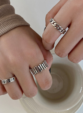 日韩ins简约复古时尚做旧编织链条戒指女学生开口调节食指指环女