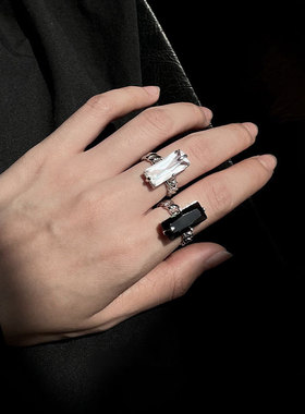 925纯银方无边锁链水晶个性指环时尚蹦迪轻奢高级设计感戒指