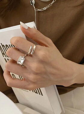 方块锆石戒指女ins简约学生时尚潮人小众设计冷淡风百搭开口指环