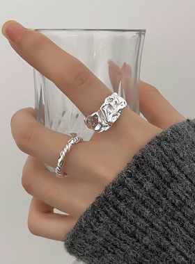 韩版S925银个性熔岩戒指女复古时尚凹凸不规则开口指环嘻哈食指戒