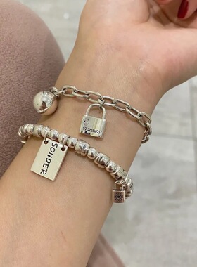 东大门925银疑惑脸手链女ins冷淡风闺蜜小熊字多吊坠手环潮全新