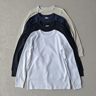 美单重磅厚实打底在单穿复古华夫格纯色男女透气长袖 圆领T恤