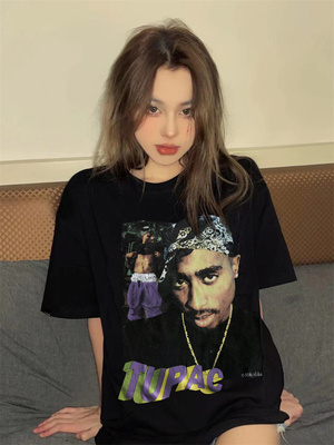 黑色说唱2pac纯棉短袖T恤男女款半袖上衣情侣装