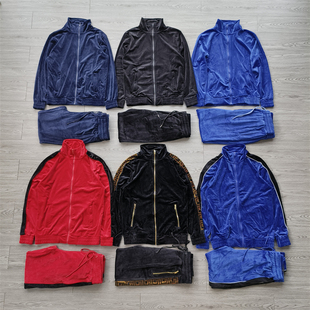 美式复古男款立领拉链夹克拼接拼色金丝绒天鹅绒春秋上衣裤子套装