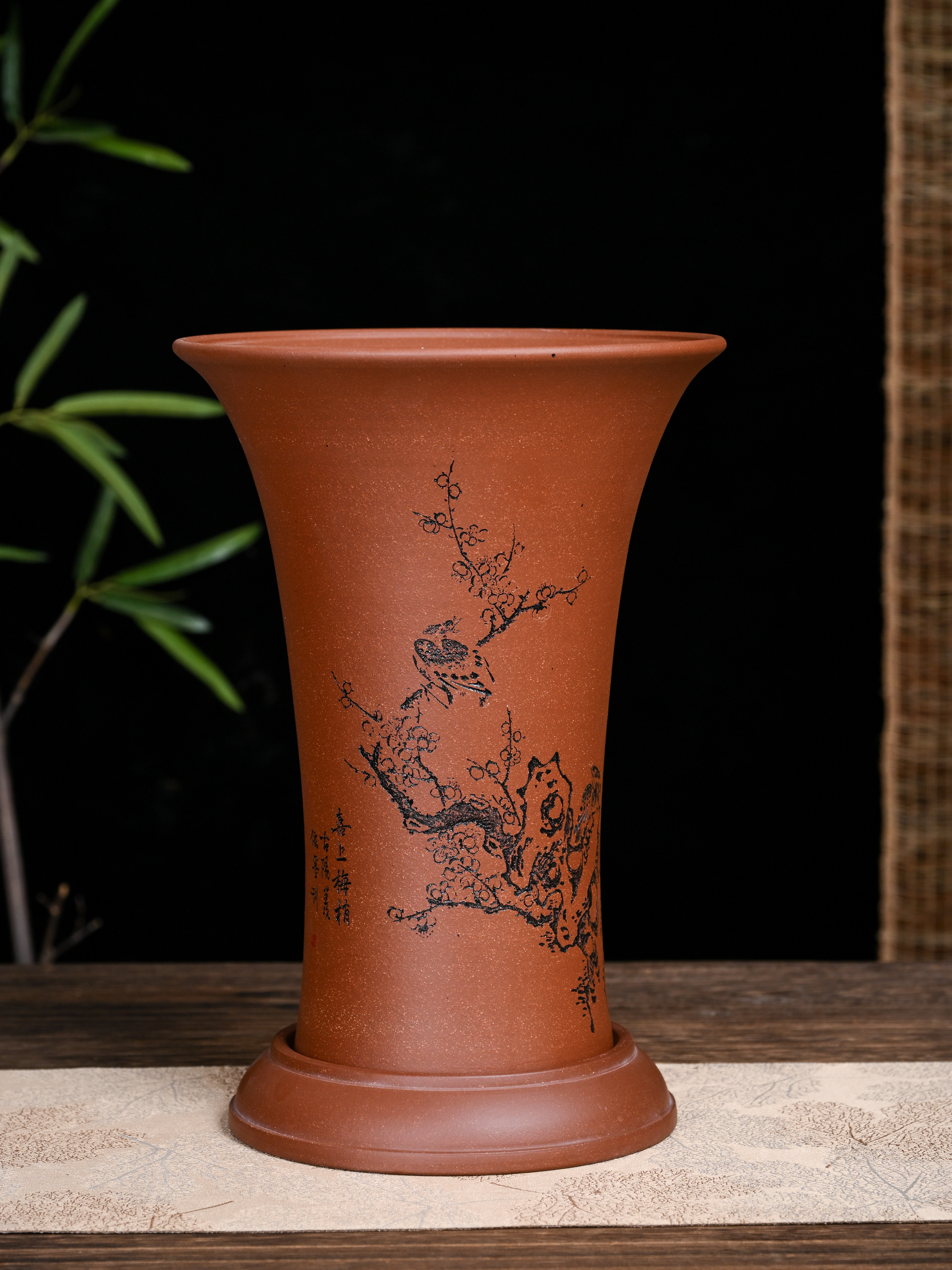 满意紫砂全手工制作紫红泥精品兰花盆刻字现货一个加底座高32口22