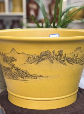 满意紫砂全手工制作精品黄金段泥刻绘大花盆口36高21卖掉了可定制