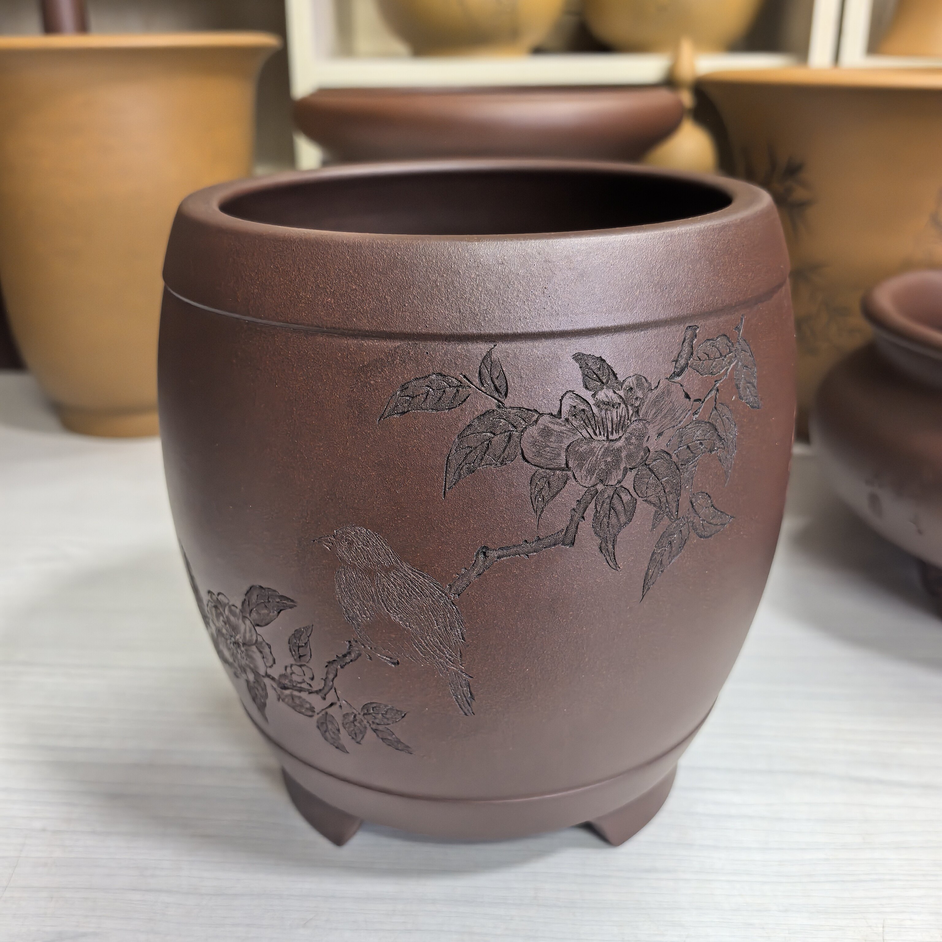 满意紫砂全手工制作精品细紫泥紫砂刻绘花盆高19口16卖掉了可定做