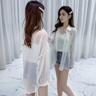 百搭宽松中长款 新款 防晒衣透视披肩薄外套上衣 女2020夏季 雪纺衬衫
