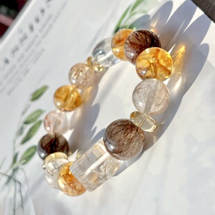 《日照金山》天然红铜发晶黄塔晶黑金超七手串 招米聚财好运来