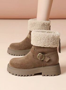 品牌特价真皮加绒雪地靴女冬季厚底短靴翻毛皮保暖棉鞋毛绒靴