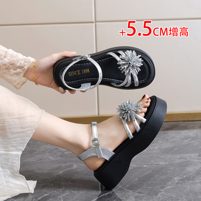 品牌特价银色花朵松糕凉鞋女夏季厚底增高5.5cm一字扣罗马鞋