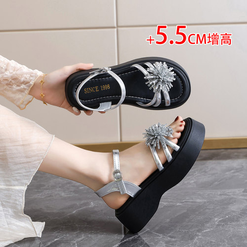 品牌特价银色花朵松糕凉鞋女夏季厚底增高5.5cm一字扣罗马鞋