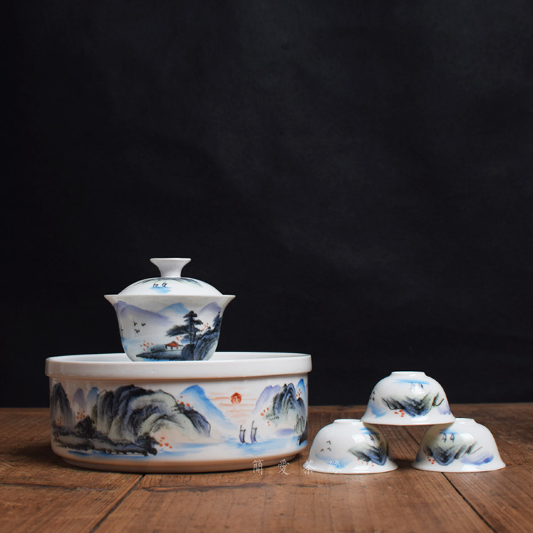 潮州枫溪老80年代库存功夫茶具手工彩绘山水茶盘茶船盖碗茶杯老货