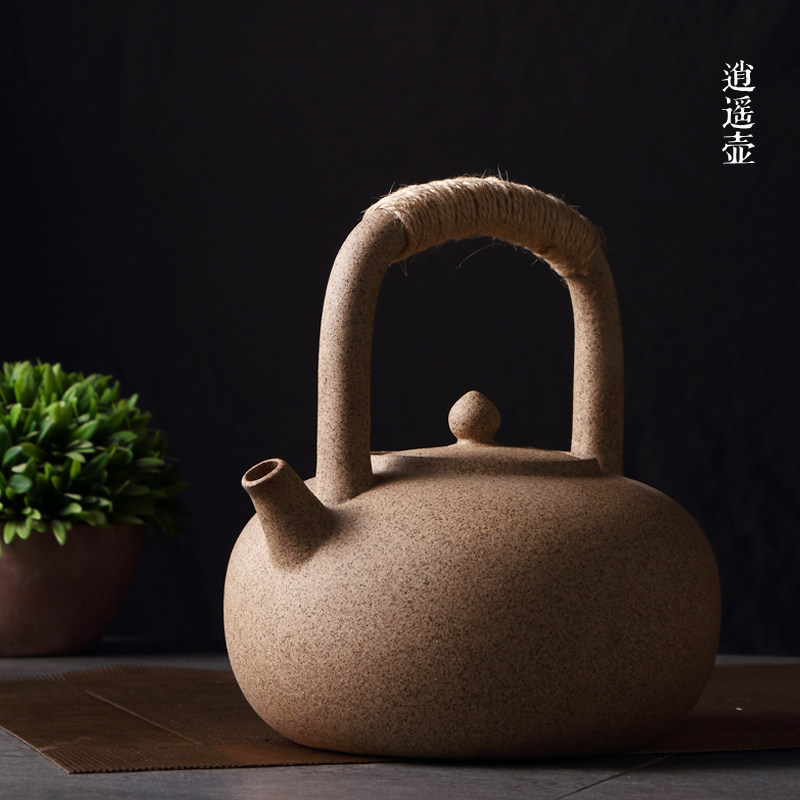 日式手工粗陶炭炉明火提梁壶