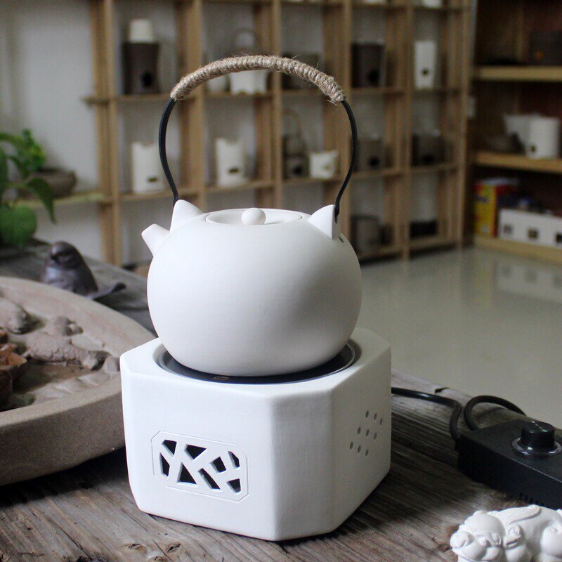 日式手工粗陶白泥煮茶炉提梁壶