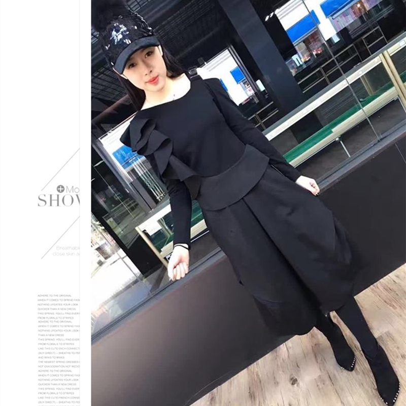 2025春季新款时尚女装修身黑色连衣裙韩版中长款长袖裙子女初春潮