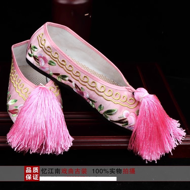 新款京剧越剧丫鬟小姐新娘青衣儿童古装绣花鞋戏曲平底彩鞋女花旦