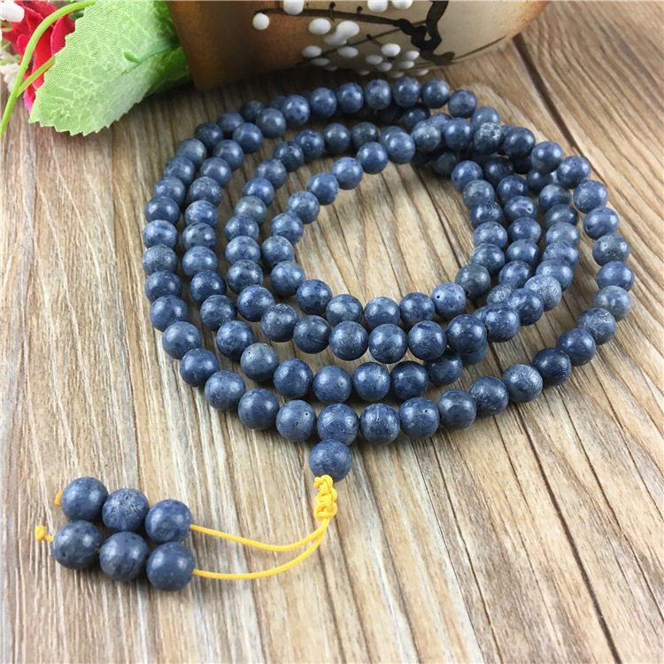 正品6a海南天然原色蓝珊瑚蓝珊瑚8mm108颗佛珠念珠项链配饰手串