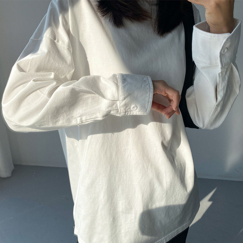 中长款拼接衬衫袖白色T恤女宽松长袖体恤新款纯棉圆领打底上衣潮