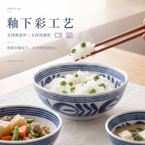 波佐见烧蓝海草日式陶瓷饭碗汤碗斗笠碗进口青花餐具面碗家用面碗 - 封面