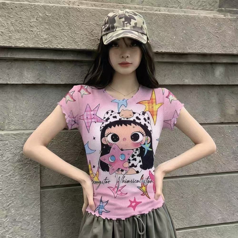 卡通印花木耳边百搭短袖T恤