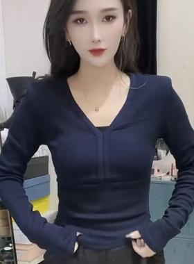 韩版V领气质简约小众长袖上衣女春秋款修身显瘦减龄百搭打底衫潮