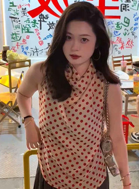 外贸折扣女装清仓特价法式复古波点印花无袖背心微透薄款雪纺衬衫