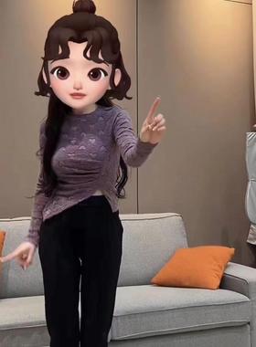 韩版不规则褶皱修身显瘦内搭磨毛衬衫女春秋款超仙性感微透上衣潮
