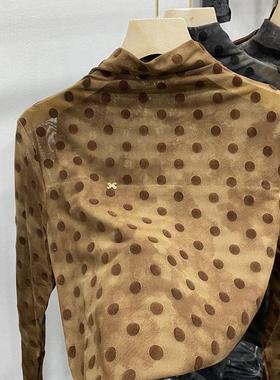 新中式设计感网纱长袖上衣春秋款时尚百搭半高领印花波点打底衫女