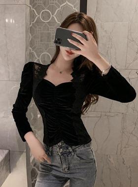 纯欲风设计感小众蕾丝拼接长袖打底衫女春秋款内搭性感洋气上衣潮