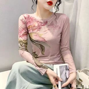 品牌撤柜女装特价剪标轻奢水墨花卉双层网纱洋气显瘦长袖T恤
