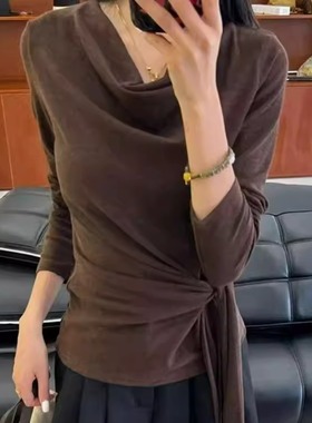 外贸折扣女装清仓特价韩系穿搭咖色荡领绑带收腰显瘦内搭长袖T恤