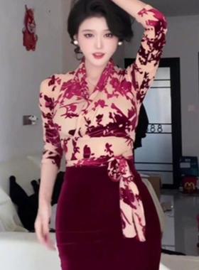 港风时尚纯欲修身不规则绑带长袖衬衫女春秋款印花设计感薄款上衣