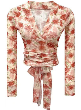 外贸折扣女装清仓特价气质优雅印花网纱V领一片式绑带显瘦薄款T恤