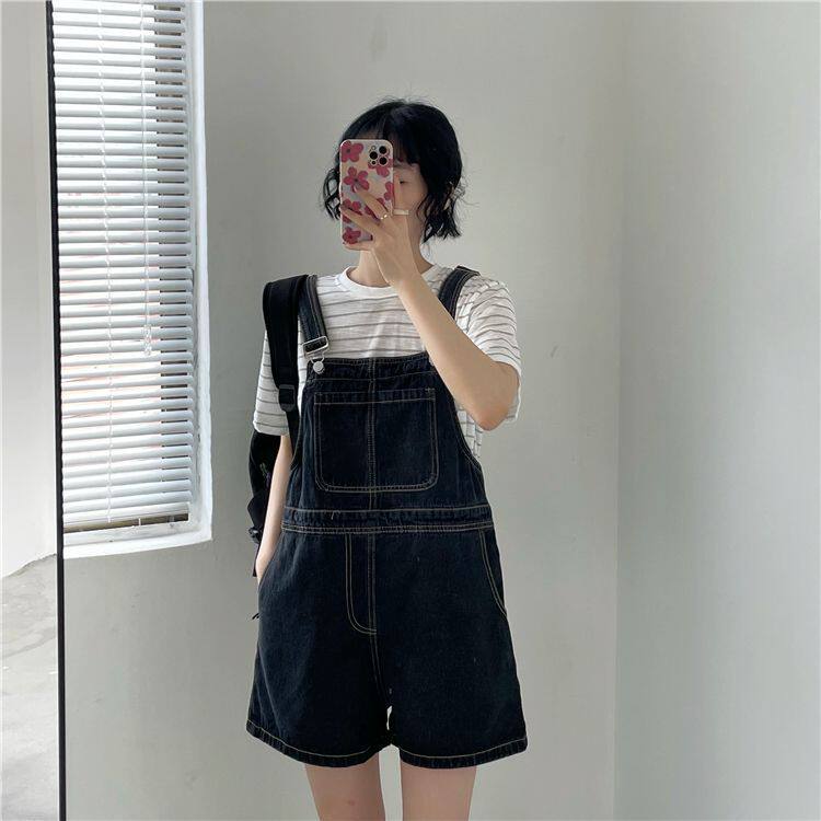 牛仔背带裤女2025年春夏胖mm大码宽松显瘦短裤设计感阔腿高腰裤子